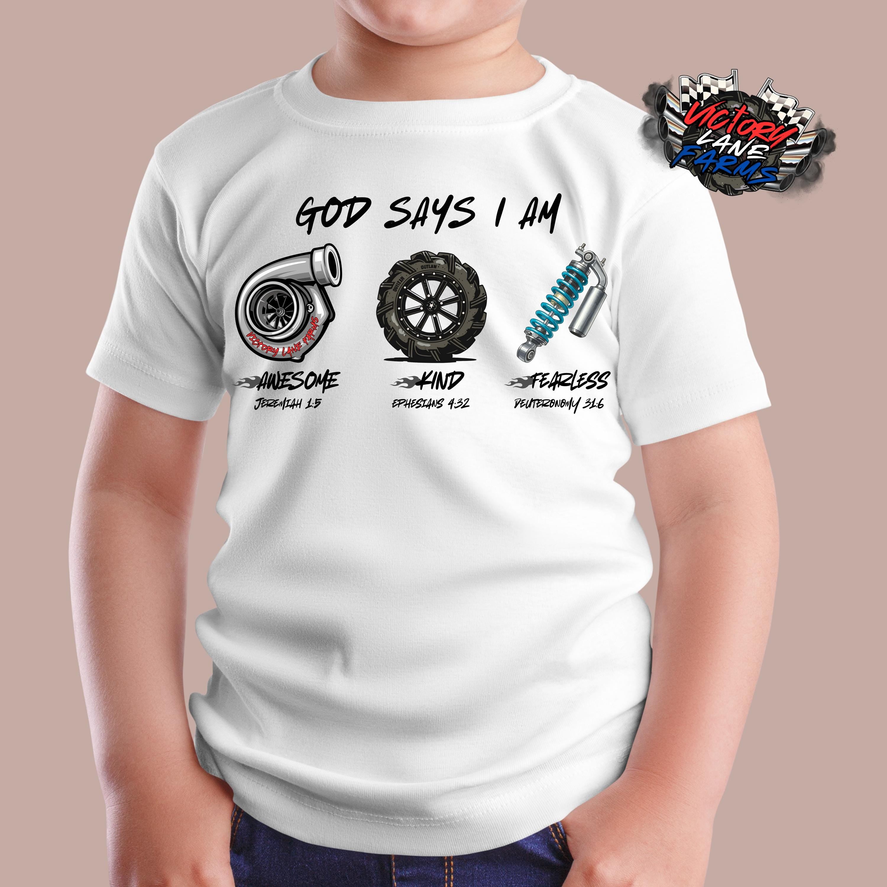 God Says I Am Kids Racing Shirt